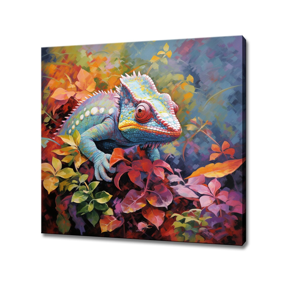 Colourful Chameleon On Red Leaves Painterly Reptile Portrait Poster
