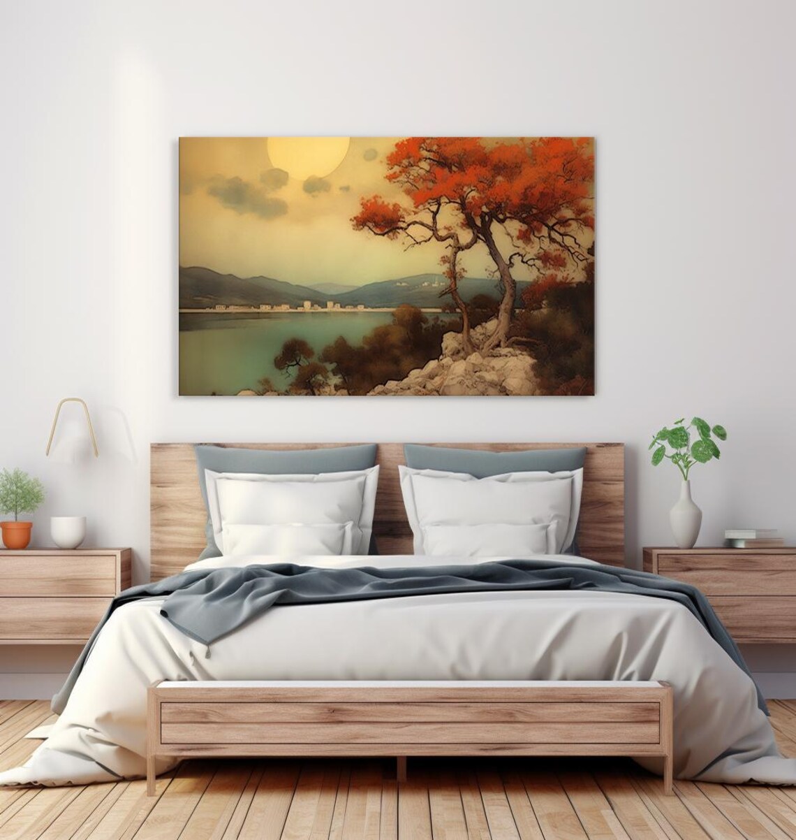 Red Autumn Tree By Lake Sunset Town Shore Vintage Landscape Poster - Image 4