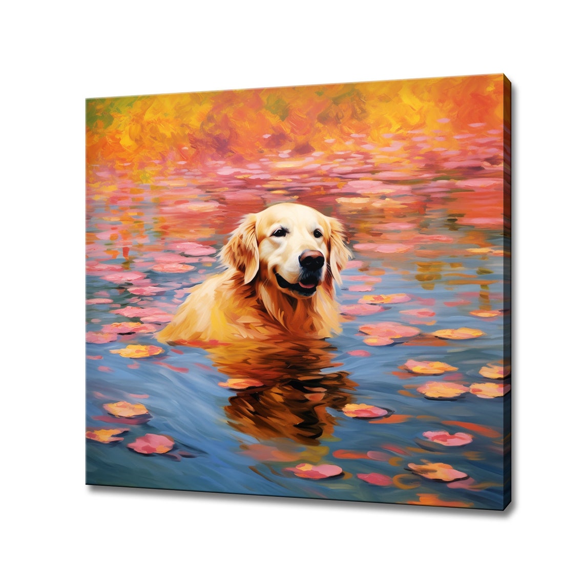 Golden Retriever Dog Swimming In A Sunset Pond Water Lily Poster