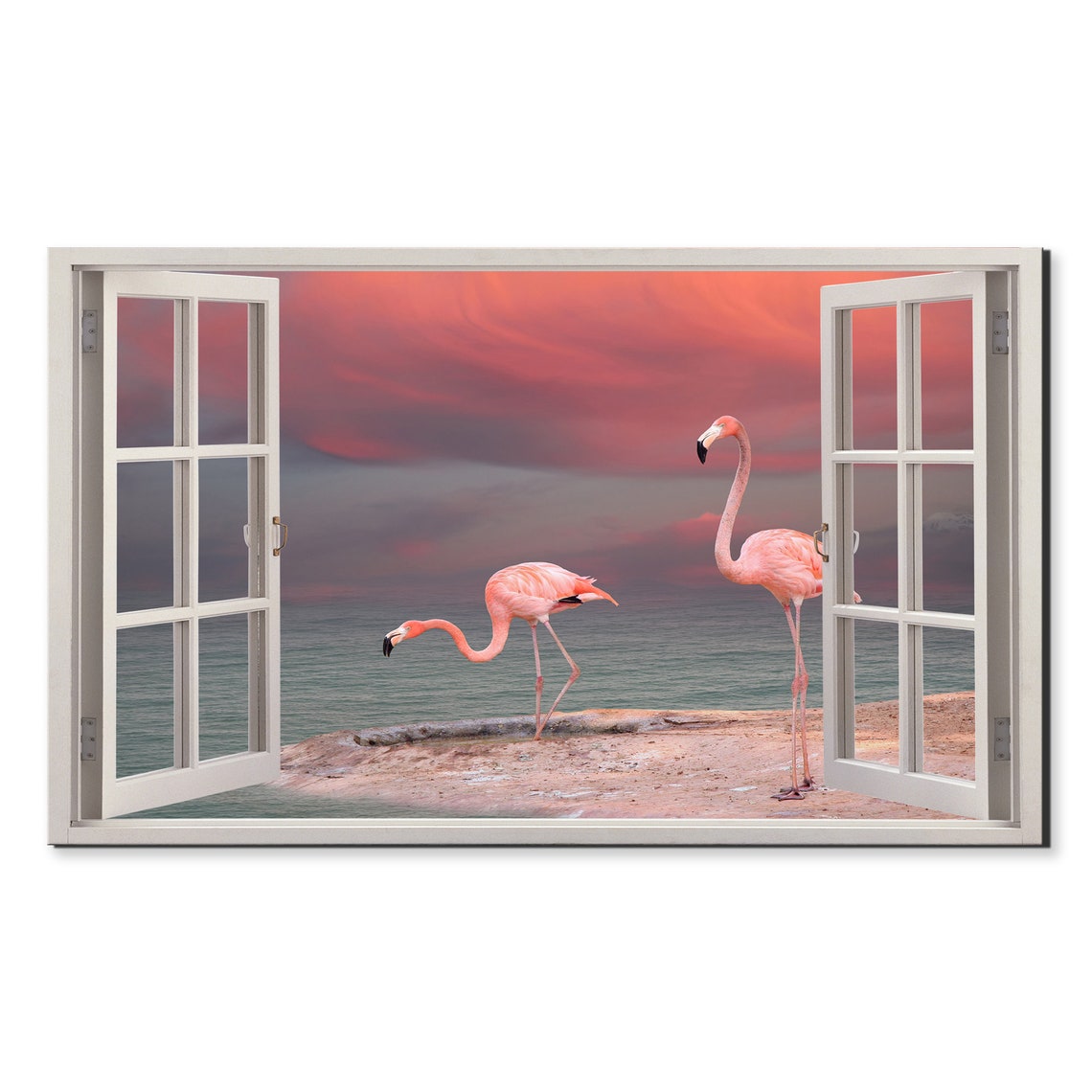 Pink Flamingos Beach Sunset View Through Open Window Illusion Poster