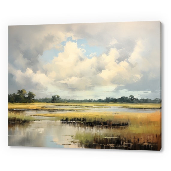 Cloudy Sky Above The Lake Vintage Country Landscape Painting Style Print Farmhouse Decor Art Neutral Nature Picture Wall Hanging