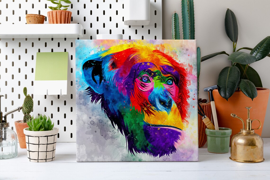 Chimpanzee Monkey Face Rainbow Watercolour Colourful Primate Art Poster - Image 2