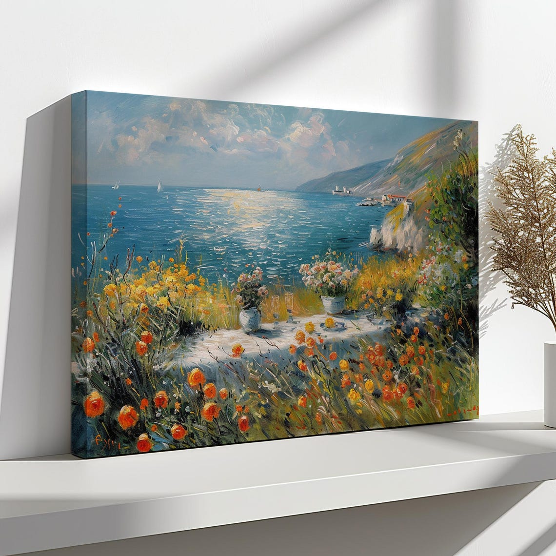 Mediterranean Coast Sailboats Cliffs Wildflowers Impressionist Poster - Image 4