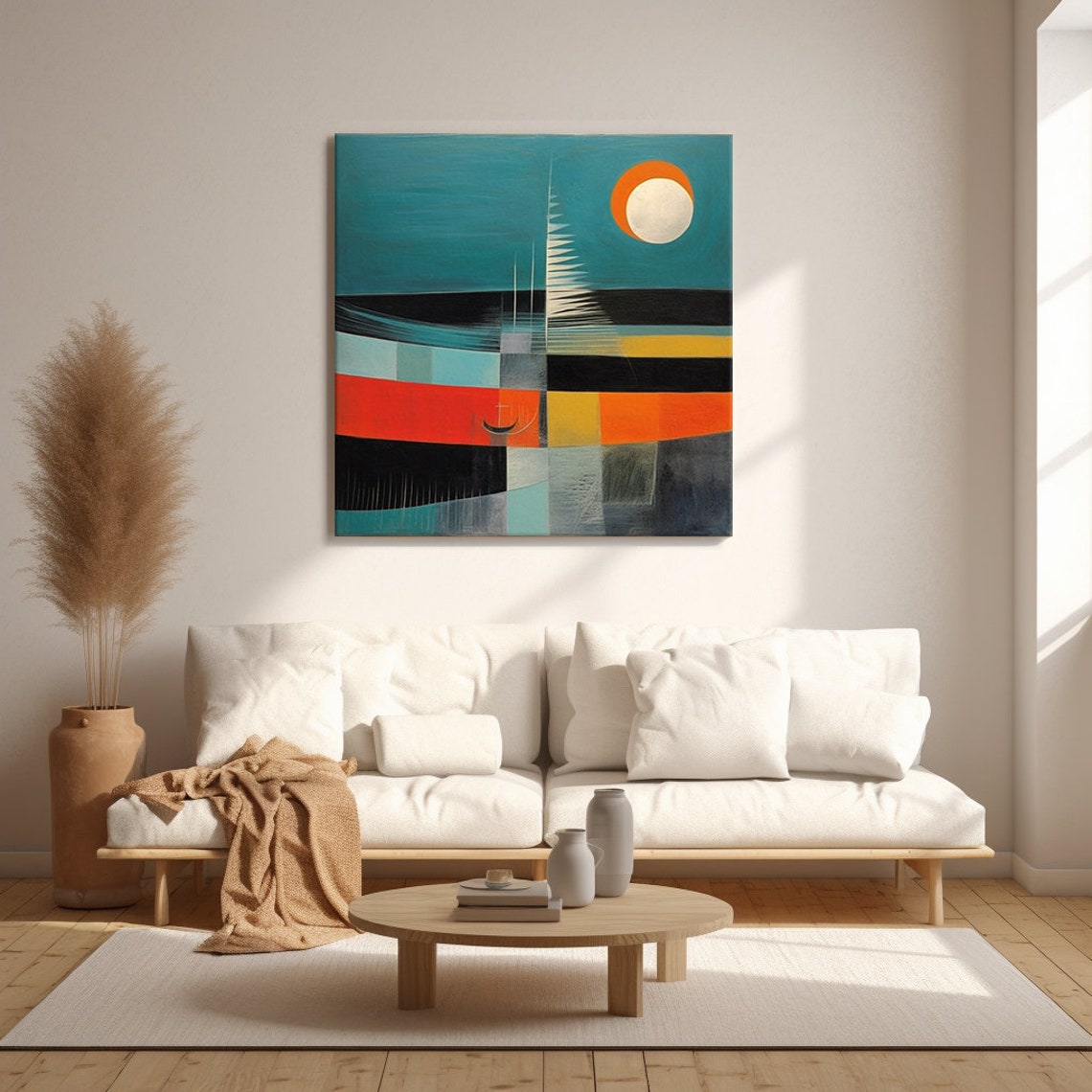 Abstract Sailboat Moon Seascape Teal Orange Geometric Modern Wall Art - Image 4