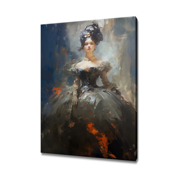 Elegant Lady In Grey Redvictorian Baroque Puffy Dress Painting Style Print Modern Design Home Decor Fashion Wall Art Gift For Her