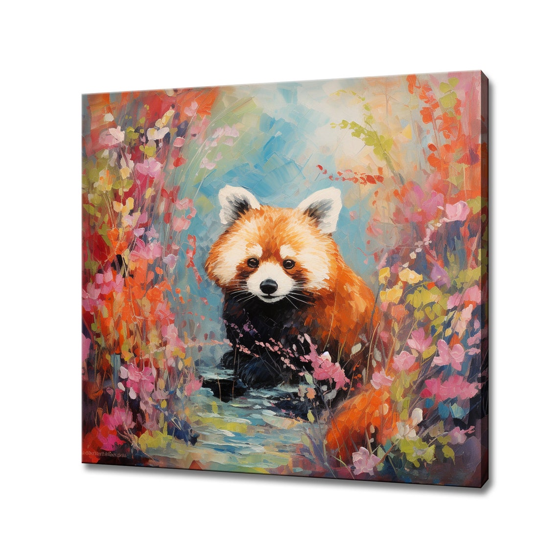 Cute Red Panda Among Pink Blossoms Colourful Painting Wall Poster
