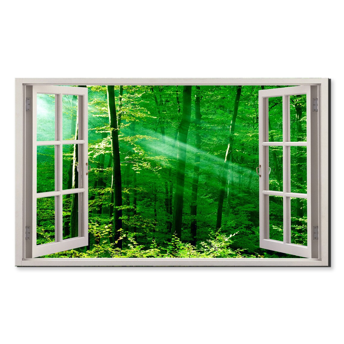 Sun Shining Through Green Forest Window View Window Frame Style Modern Design Home Decor Print Wall Art Picture Ready To Hang