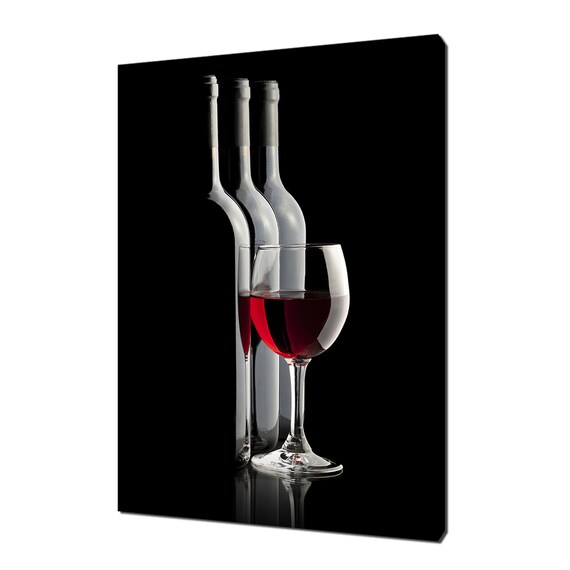 Red Wine Bottle And Glass On Black Dramatic Modern Kitchen Wall Art