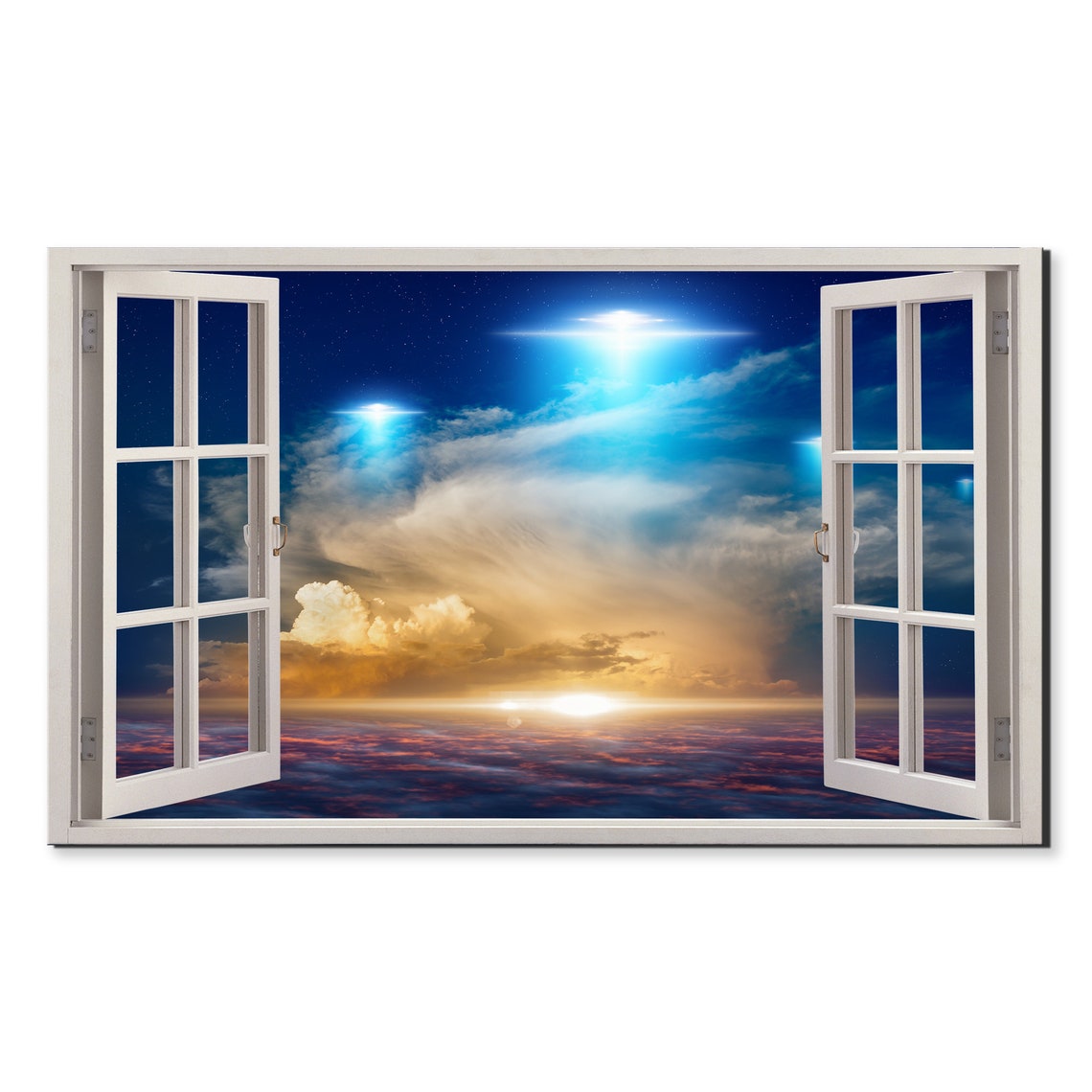 Ufo Flying On The Blue Sky Window View Window Frame Style Modern Design Home Decor Print Wall Art Picture Ready To Hang