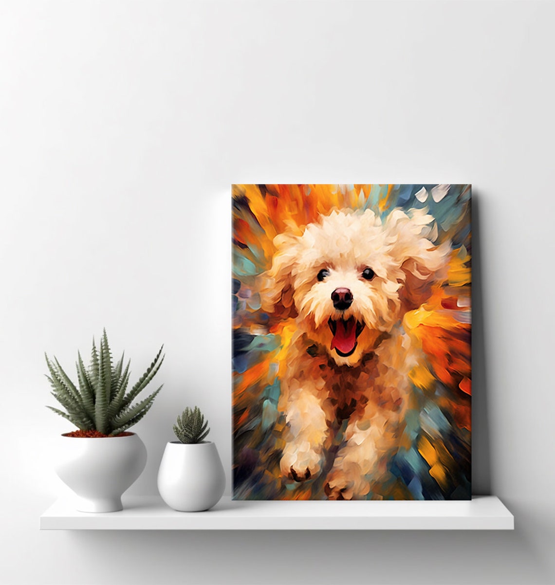 Fluffy White Poodle Puppy Running Colorful Pop Art Pet Portrait Poster