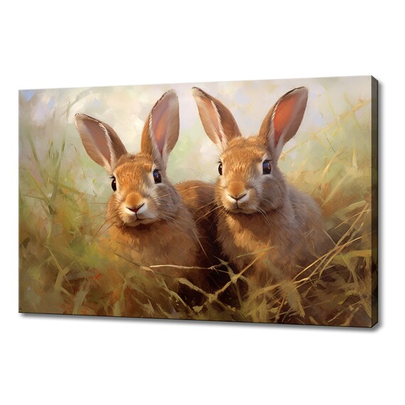 Two Brown Rabbits In Sunlit Tall Grass Vintage Wildlife Art Poster