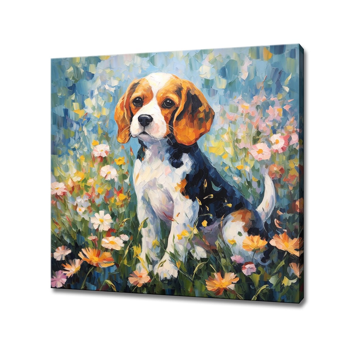 Cute Beagle Puppy In Colorful Flower Garden Painting Pet Art Print