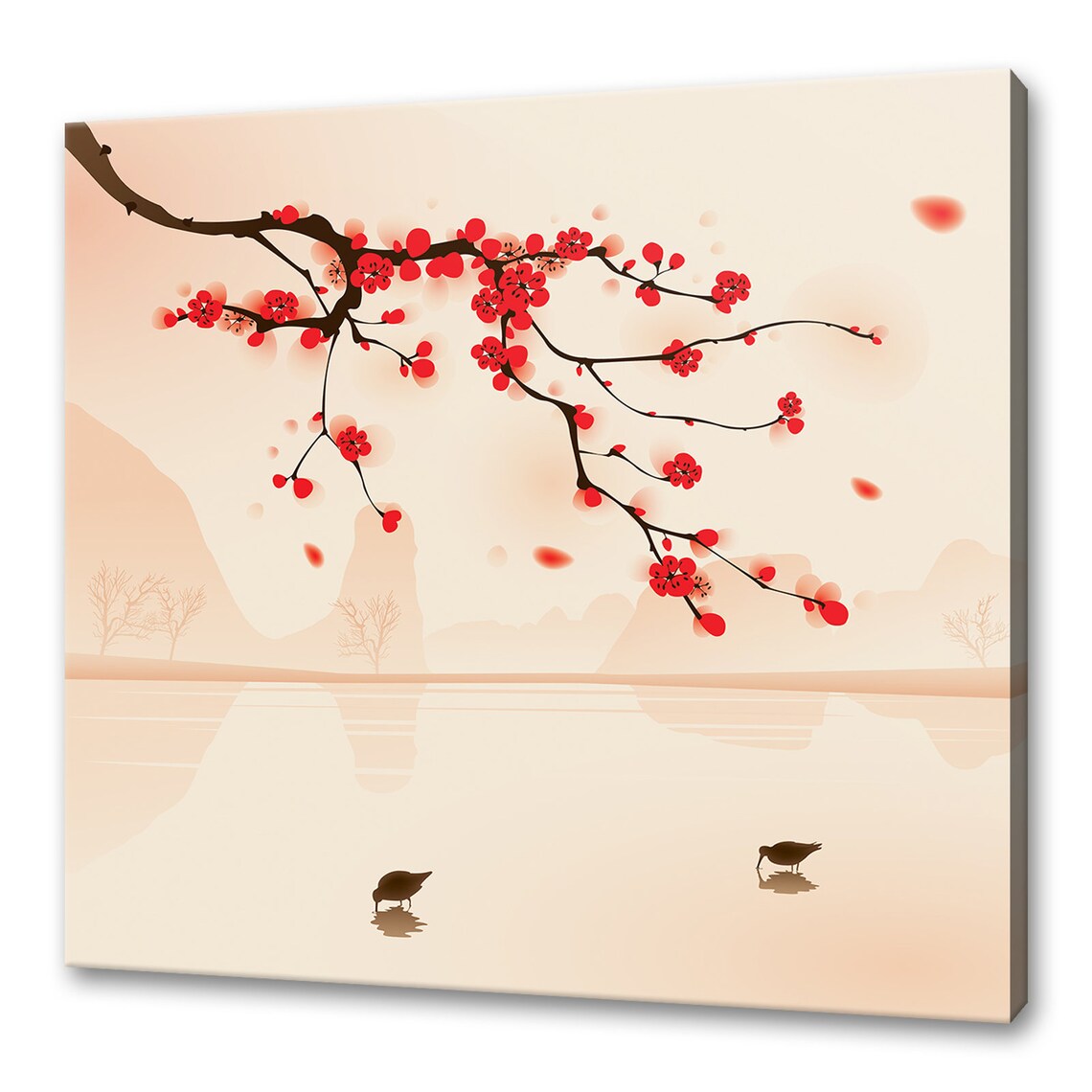 Red Blossom Branch Over Still Lake Asian Minimalist Nature Wall Art