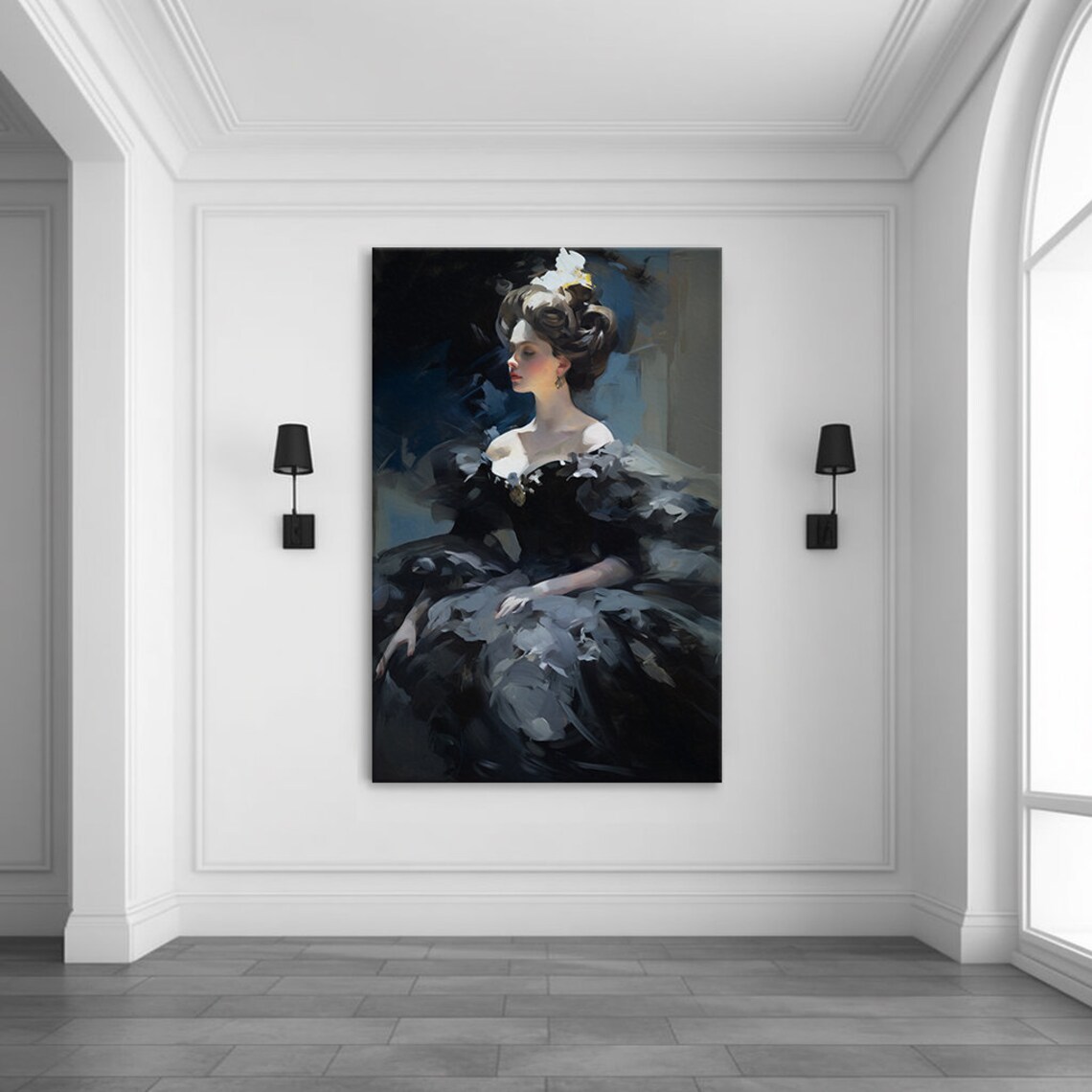 Elegant Lady In Smoky Grey Black Victorian Gown Painterly Wall Art - Image 3
