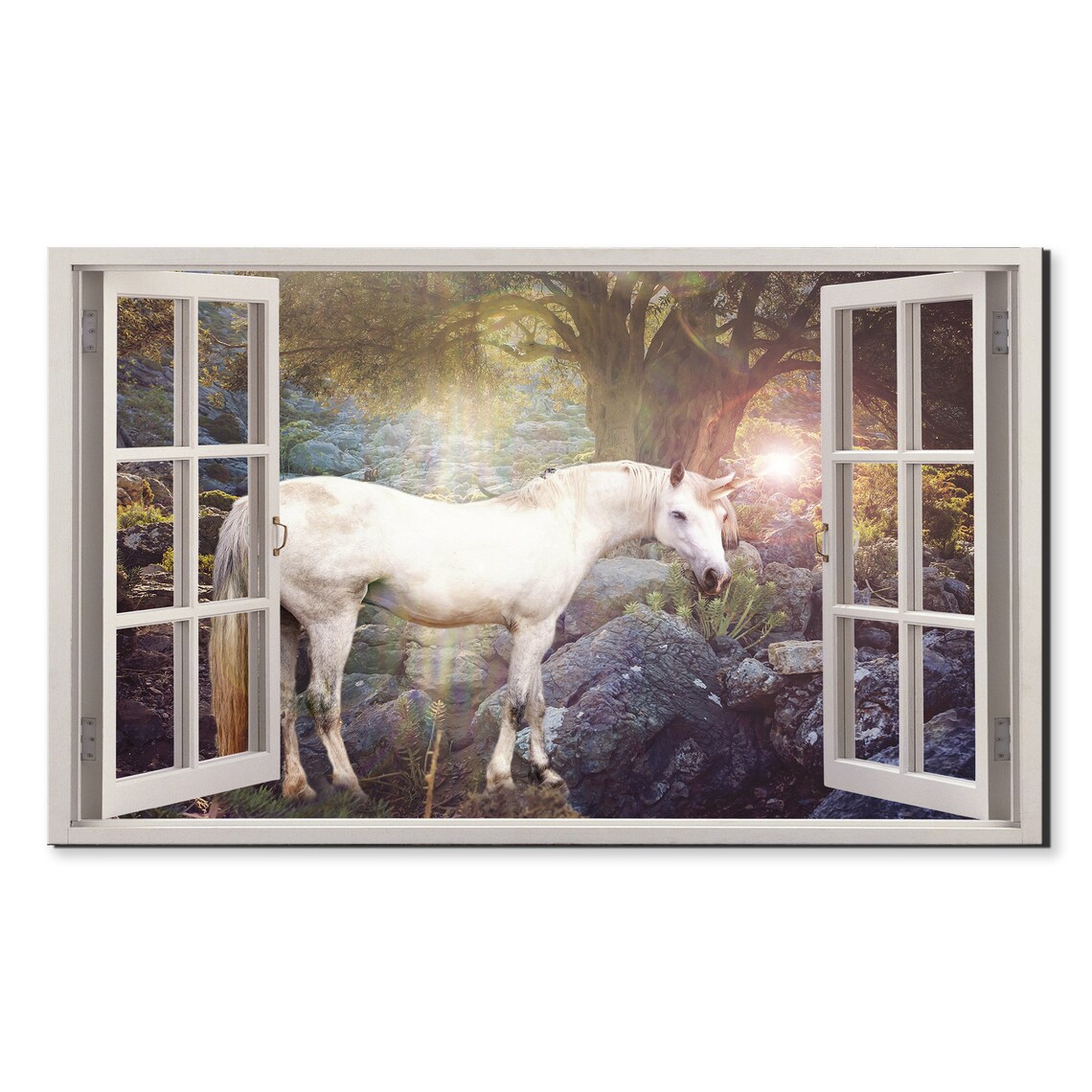 Unicorn In The Magical Forest Window View Window Frame Style Modern Design Home Decor Print Wall Art Ready To Hang