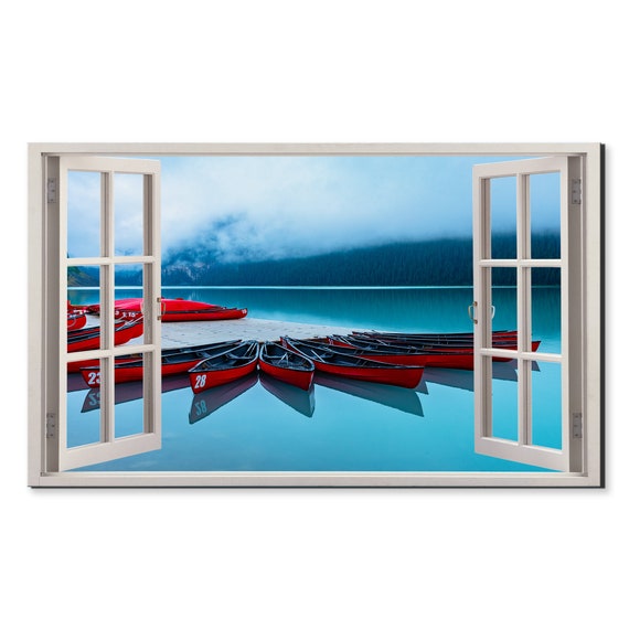 Red Canoes Docked At Foggy Lake Window View Window Frame Style Modern Design Home Decor Print Wall Art Picture Ready To Hang