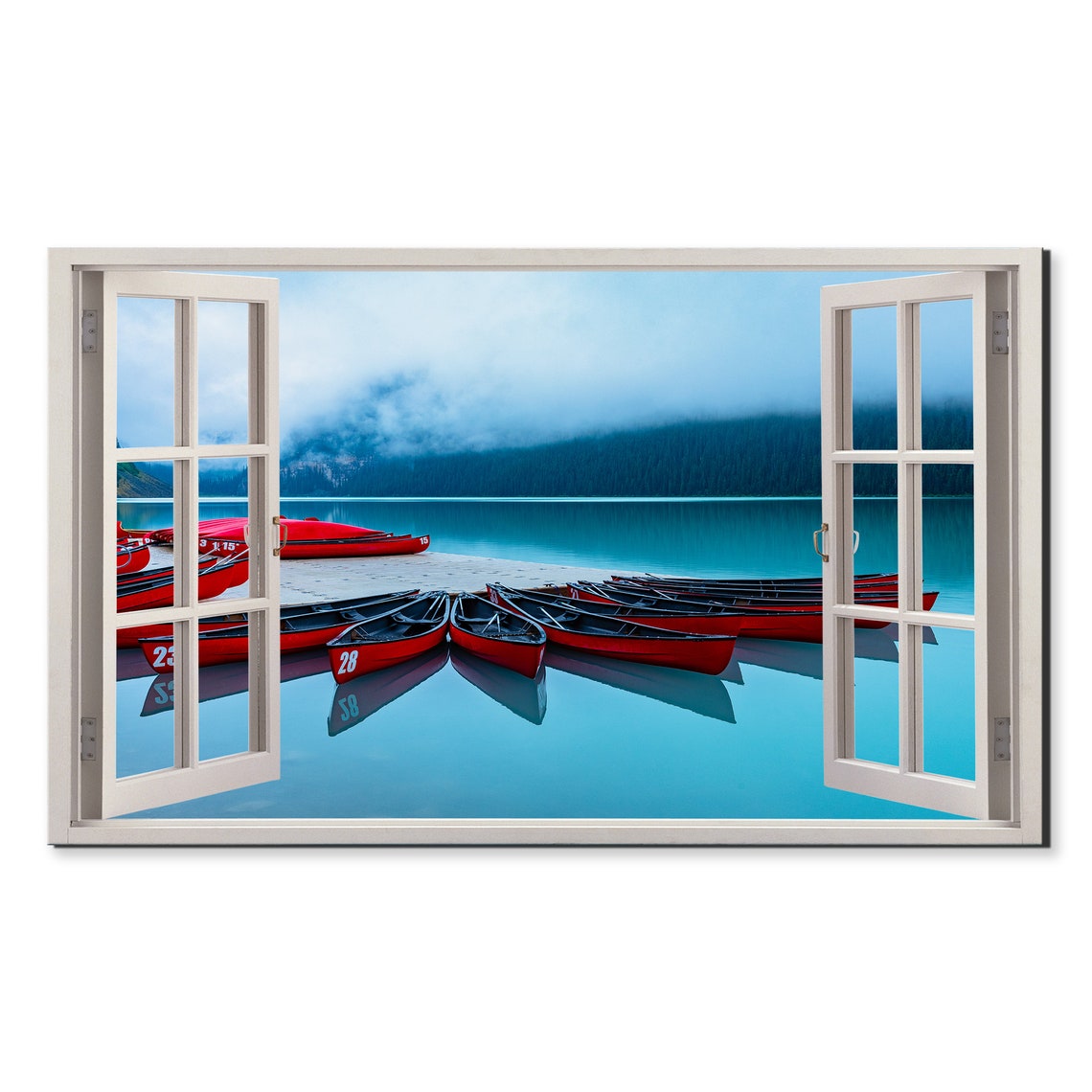 Red Canoes Docked At Foggy Lake Window View Window Frame Style Modern Design Home Decor Print Wall Art Picture Ready To Hang