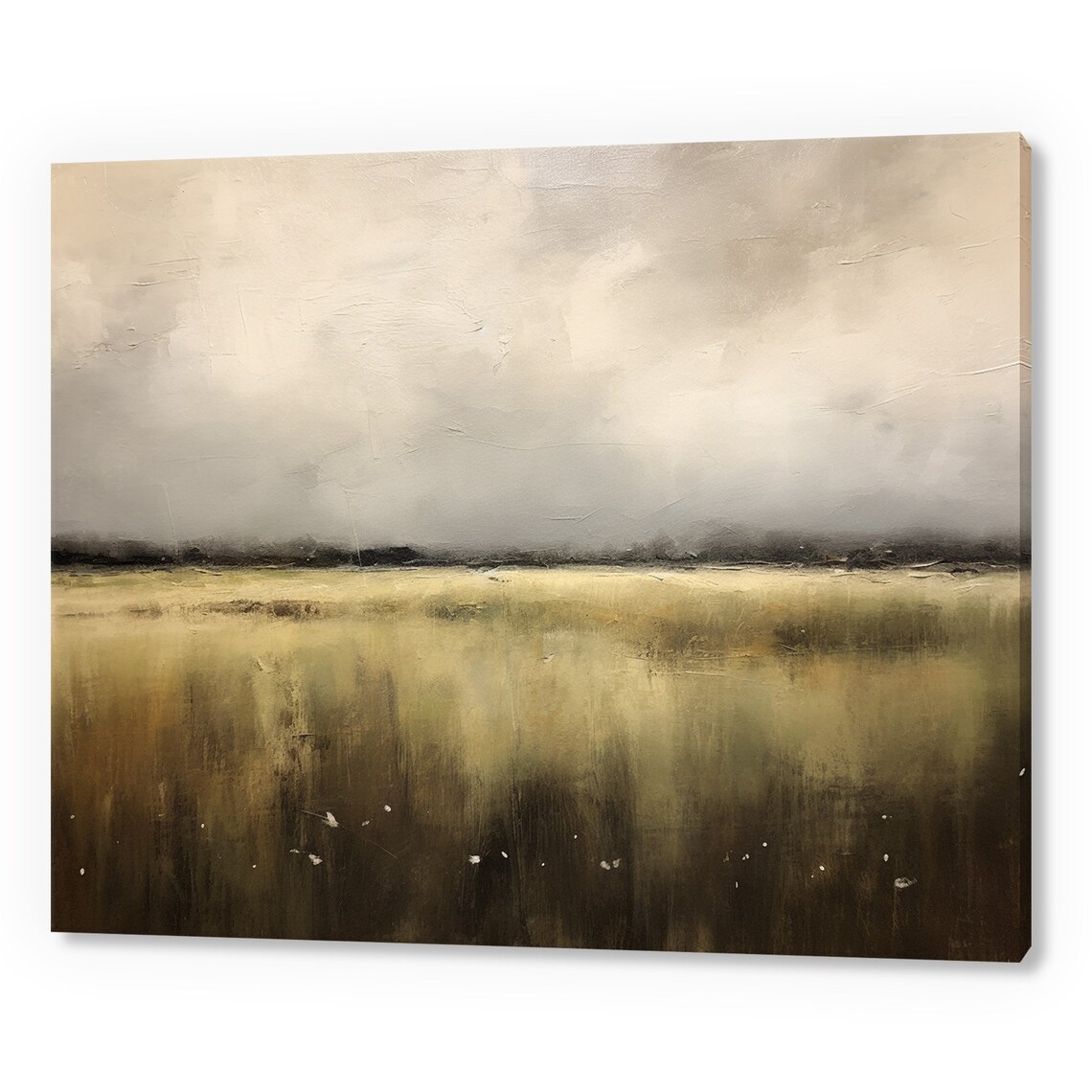 Golden Grassland Under Moody Cloudy Sky Minimalist Landscape Wall Art