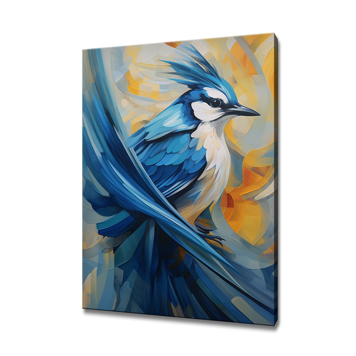 Blue Jay Bird Crested Blue Feathers Amber Swirl Abstract Art Print