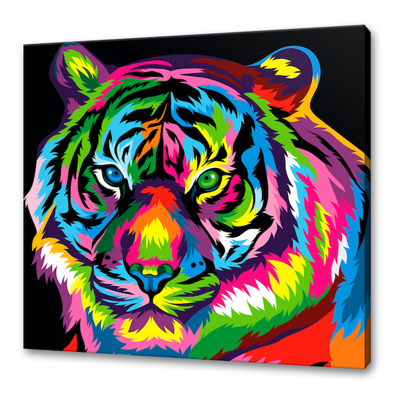 Colorful Tiger Face Blue Green Eyes Pop Art Black Background Poster