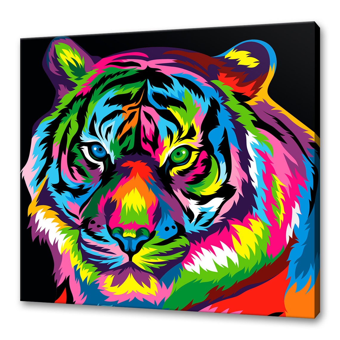 Colorful Tiger Face Blue Green Eyes Pop Art Black Background Poster