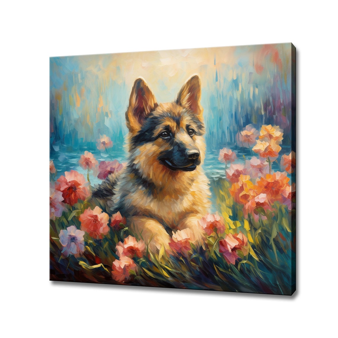 German Shepherd Puppy Portrait In Pink Wildflowers Lakeside Poster
