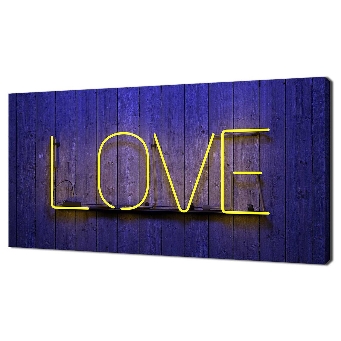 Yellow Neon Love Sign on Blue Wooden Wall Colorful Photography Print