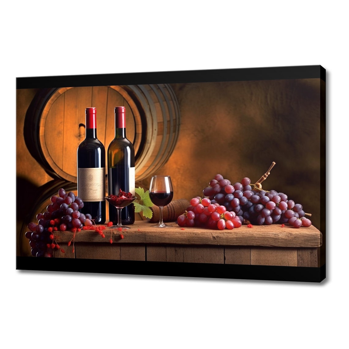 Two Red Wine Bottles Glasses Grapes Barrel Dark Cellar Art Print