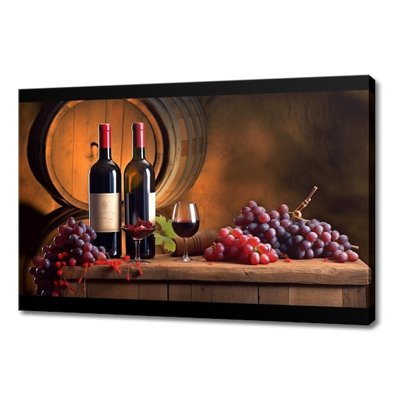 Two Red Wine Bottles Glasses Grapes Barrel Dark Cellar Art Print
