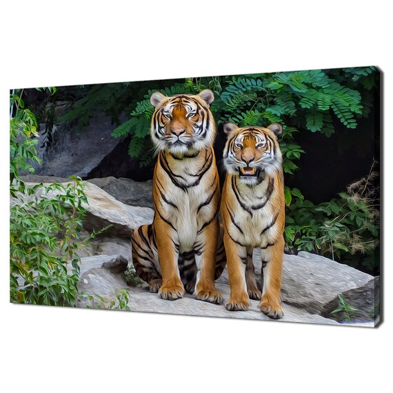 Two Royal Bengal Tigers Sitting Rocks Jungle Oil Painting Wildlife Poster