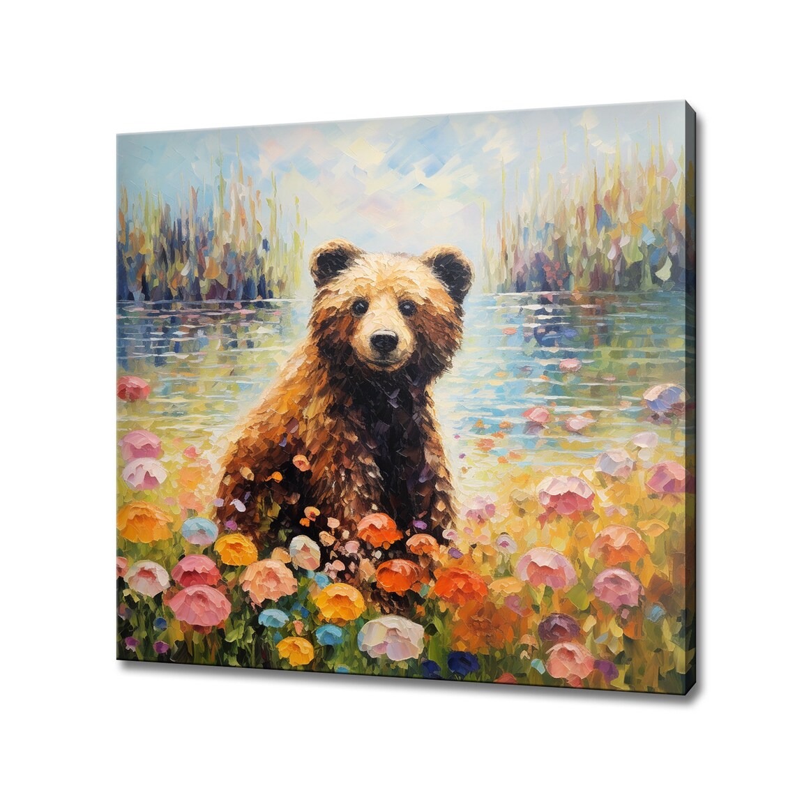 Cute Brown Bear Cub Wildflowers Lake Shore Colorful Painting Wall Art
