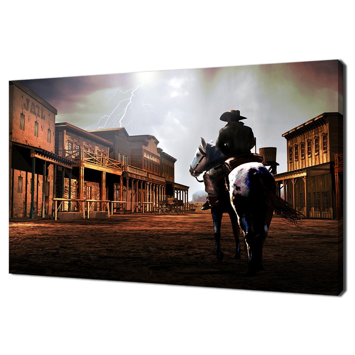Outsider Cowboy at a Stormy Town Night, Art Print