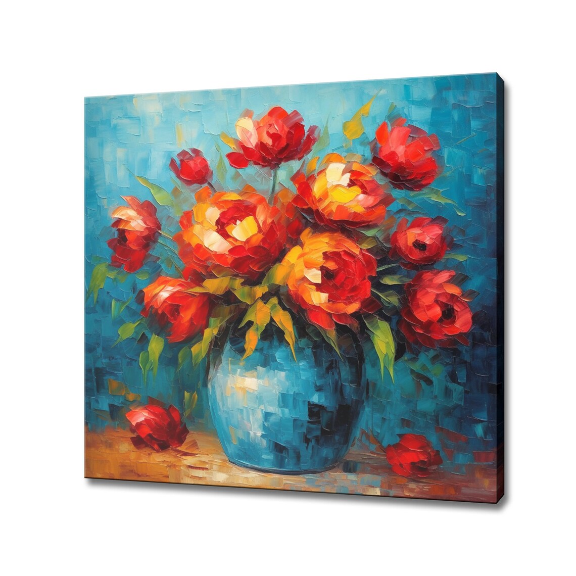 Red Peony Bouquet In Blue Vase Oil Painting Floral Wall Art Print