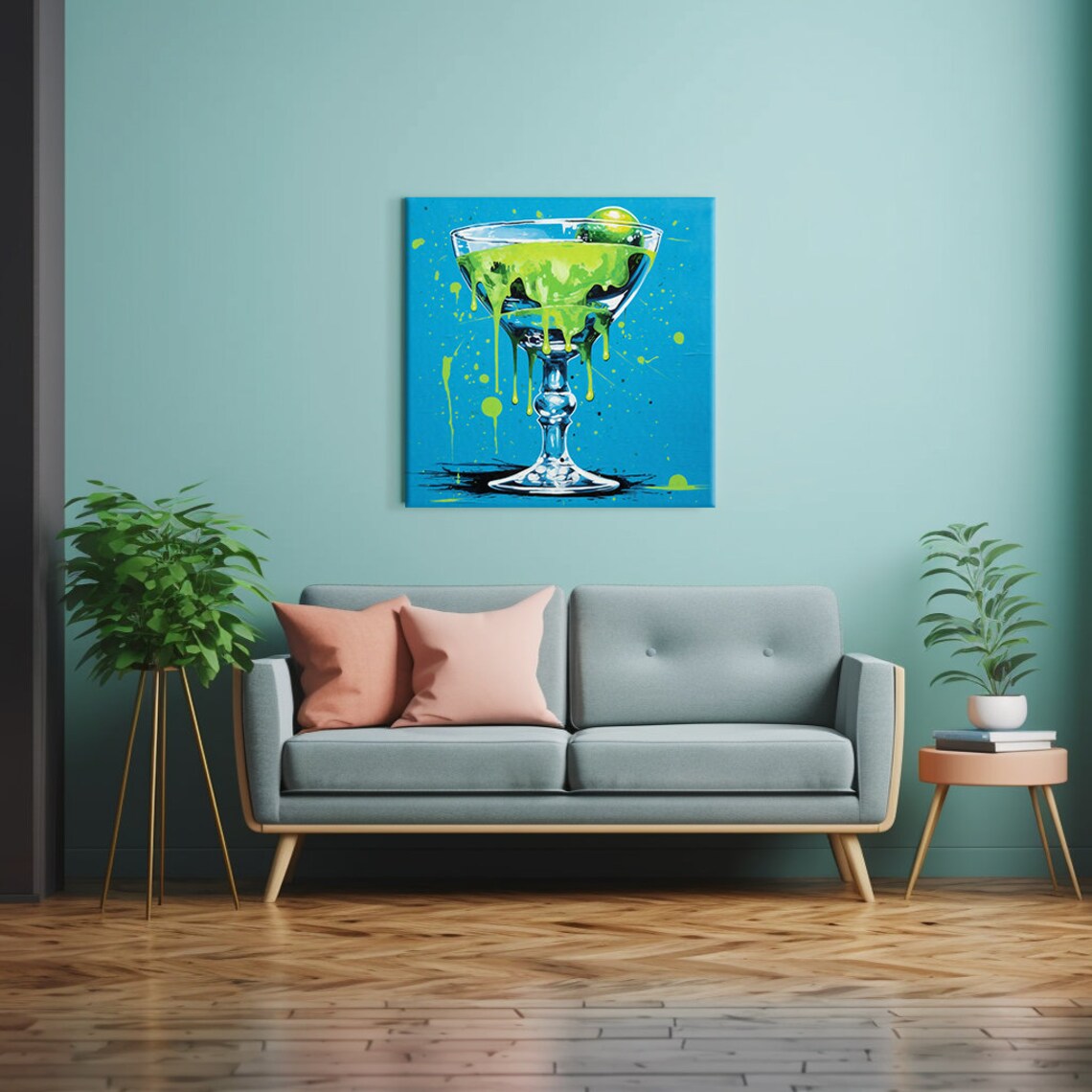 Green Lime Cocktail Dripping Glass Pop Art Blue Modern Bar Poster - Image 2