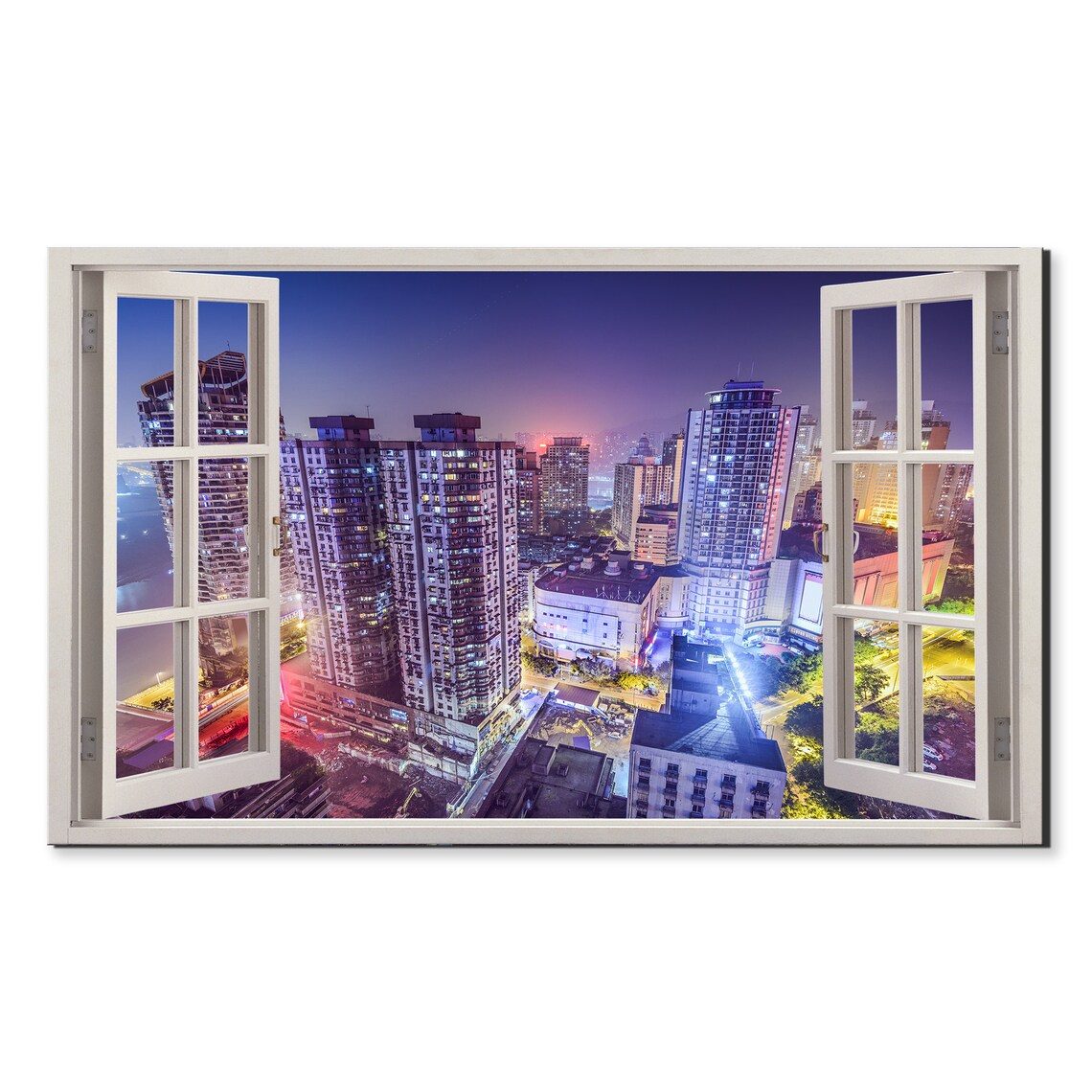 Chongqing China Night Skyline Glowing Towers Window View Travel Poster
