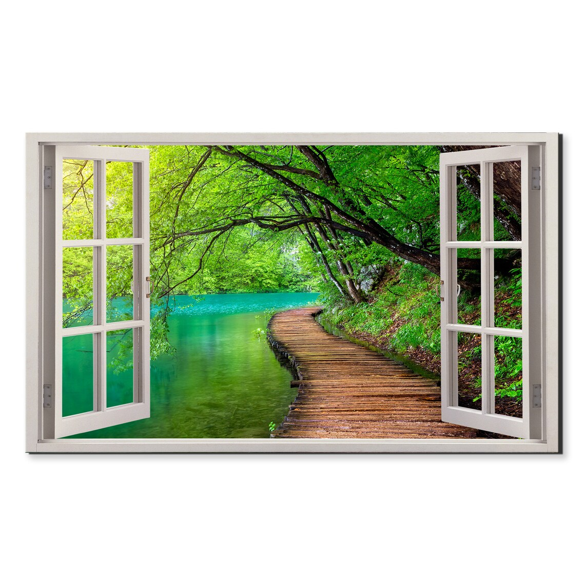 Wooden Path In Deep Forest River Window View Window Frame Style Modern Design Home Decor Print Wall Art Picture Ready To Hang