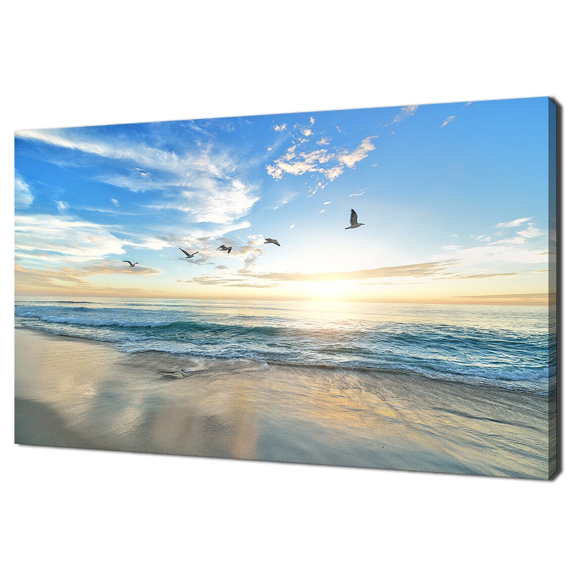 Seagulls Over Blue Sea at Sunset, Coastal Art Print