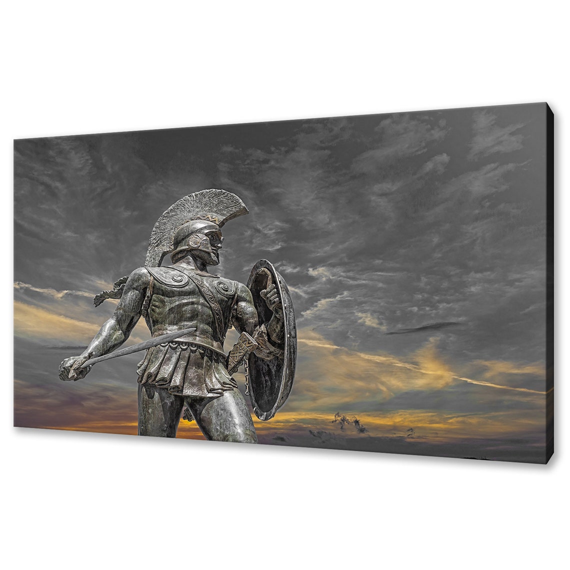 Leonidas Spartan King Bronze Statue Dramatic Sunset Sky Wall Poster