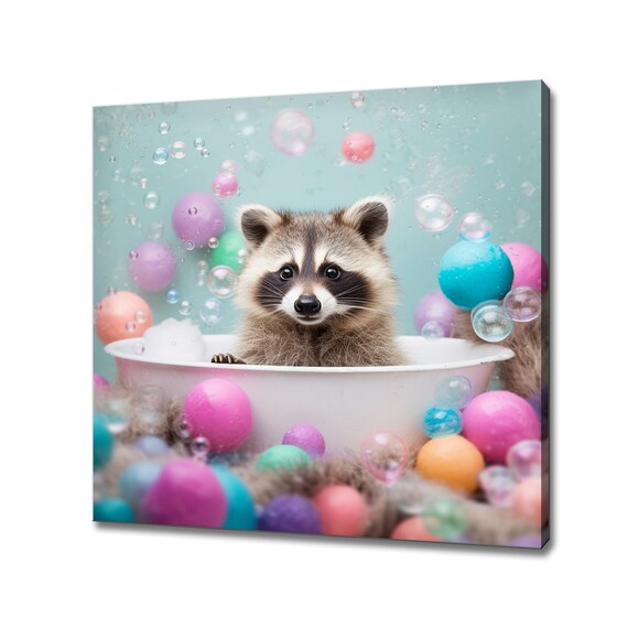 Cute Baby Raccoon Bubble Bath Colorful Candy Balls Mint Print
