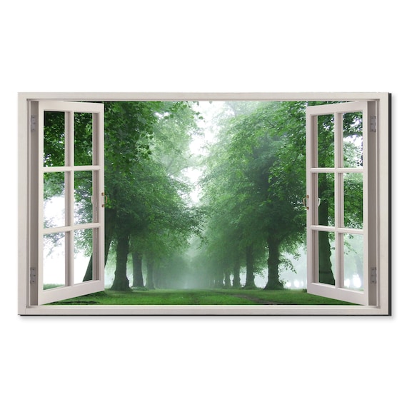 Green Trees In Morning Fog Window View Window Frame Style Modern Design Home Decor Print Wall Art Picture Ready To Hang