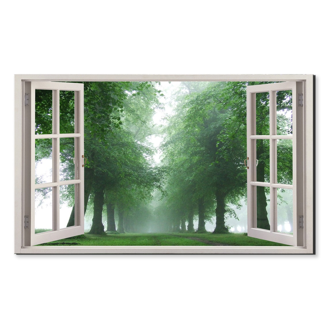 Open Window View Misty Green Forest Tree Alley Morning Wall Art