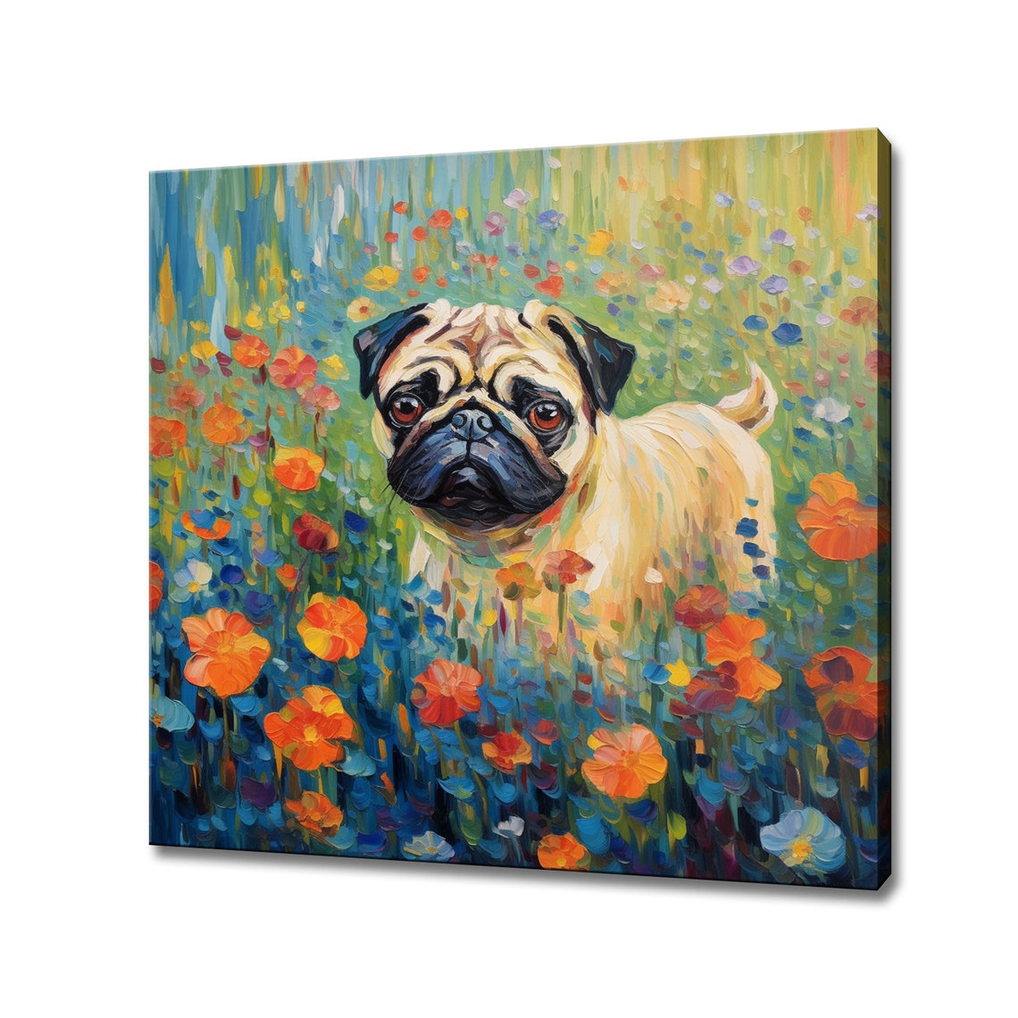 Cute Pug Dog In Flowers Field Animal Print Gift For Pug Dog Lover Colourful Dog Portrait Painting Print Dog Pet Wall Art