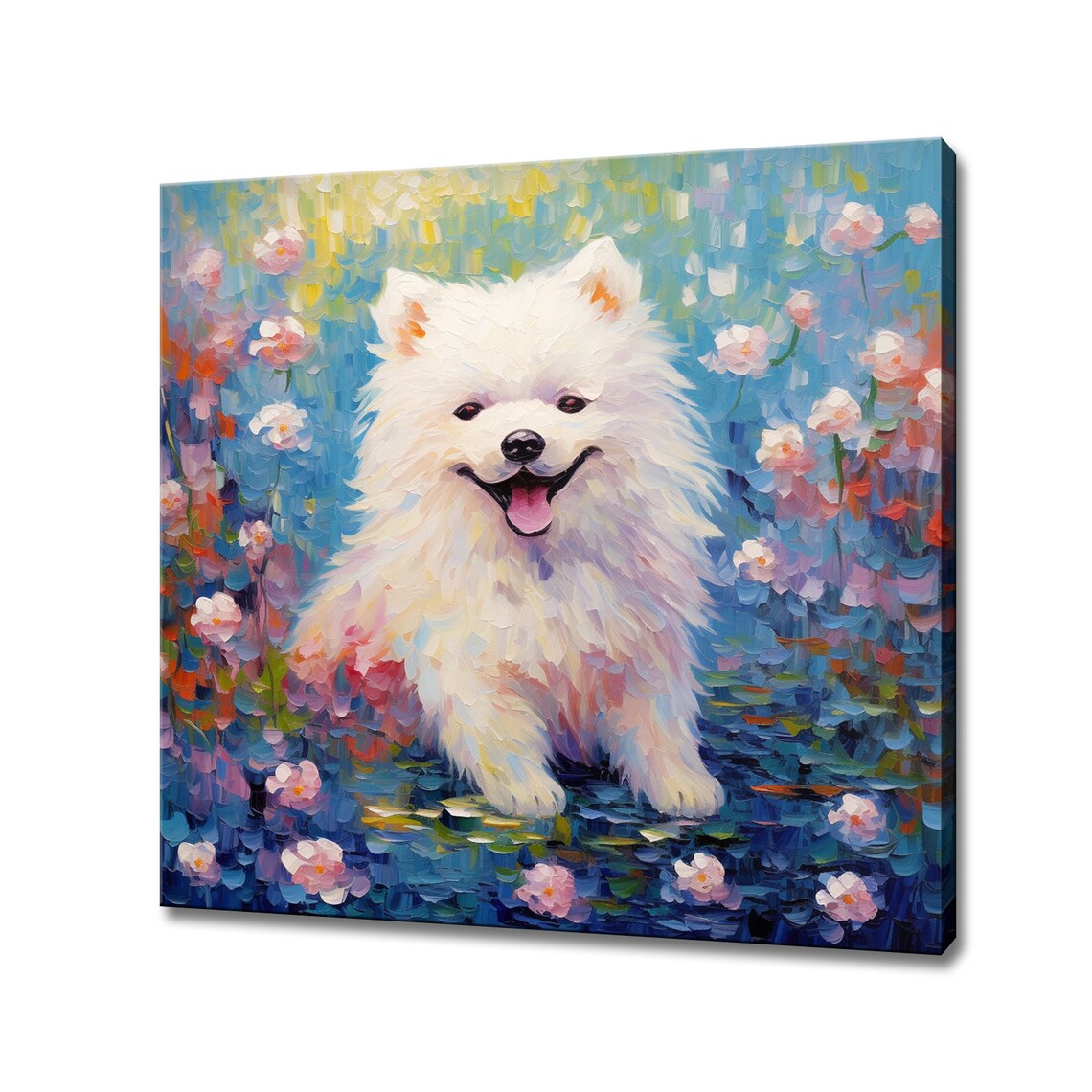 White Samoyed Puppy Among Blossoms By Water Colorful Painting Poster