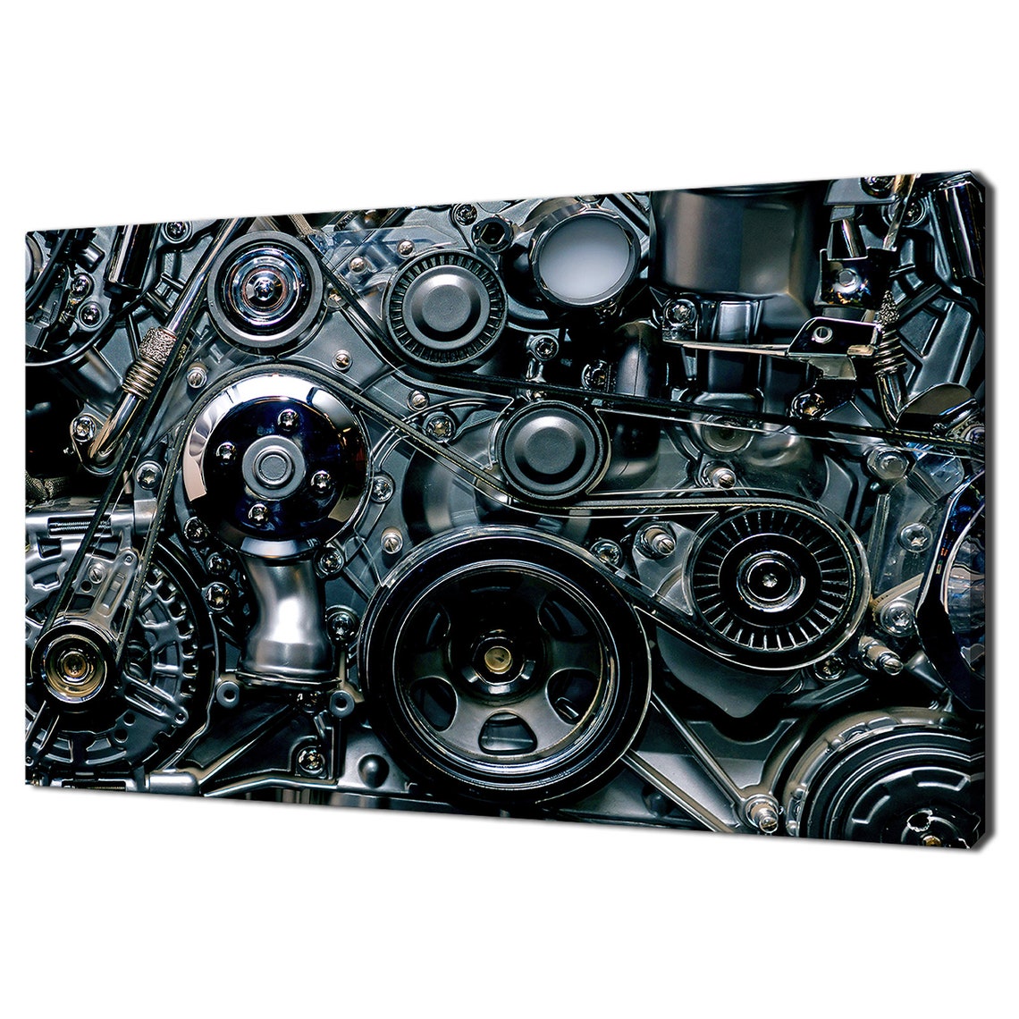 Car Engine Close Up Chrome Belts and Pulleys Automotive Art Poster