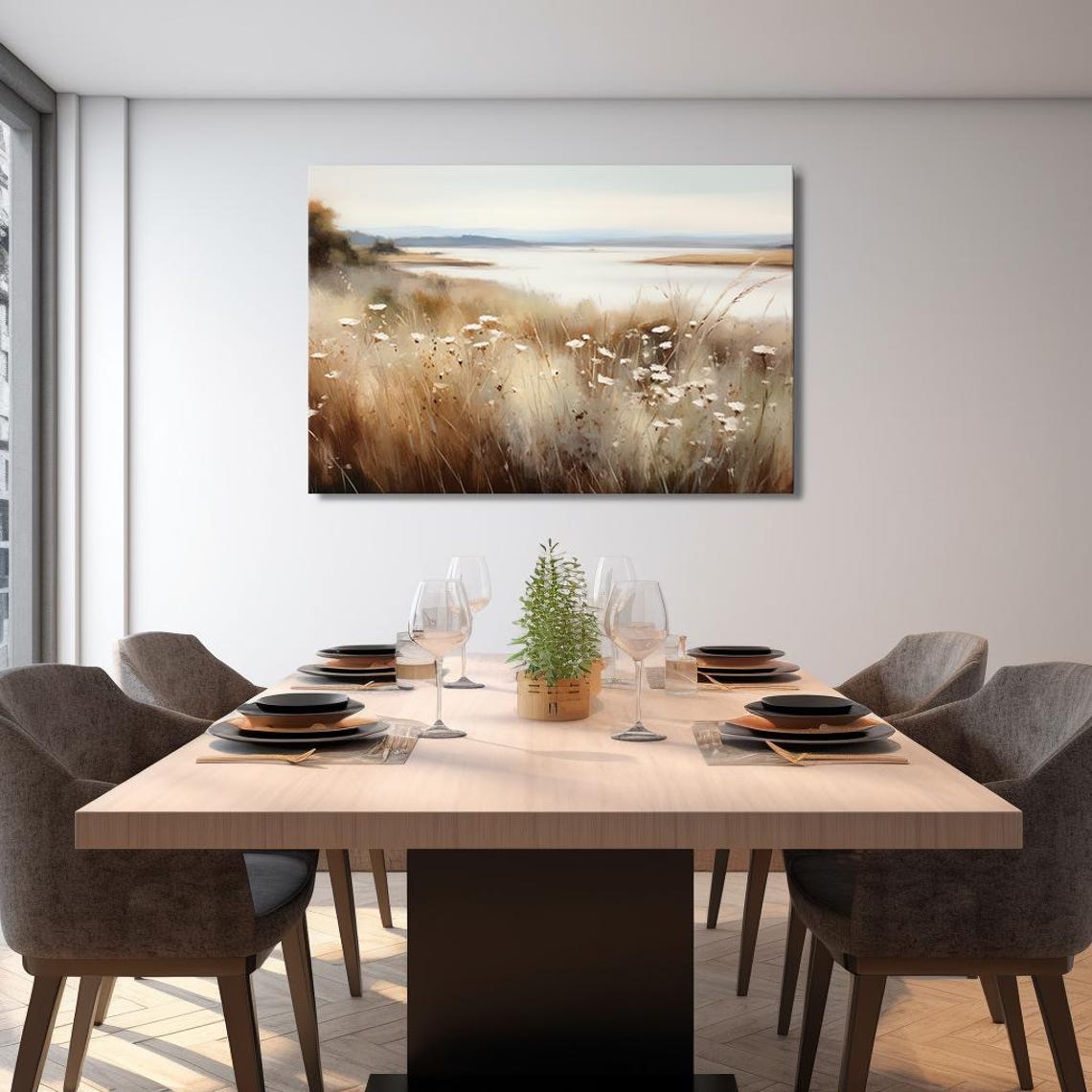 Vintage Flowers Meadow Field By The Lake Painting Style Print Farmhouse Decor Art Nature Picture Wall Hanging Fine Art Print - Image 2