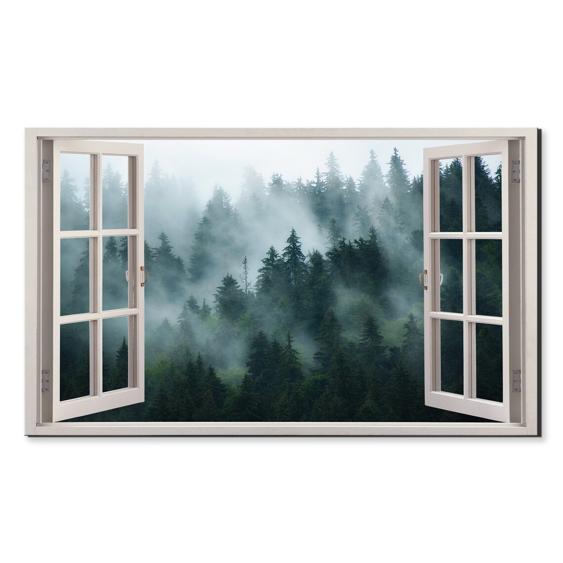 Misty Fir Green Forest Window View Window Frame Style Modern Design Home Decor Print Wall Art Picture Ready To Hang
