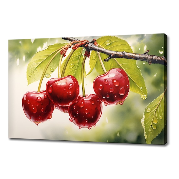 Red Cherries Fruits Tree Branch Watercolour Print Colourful Kitchen Wall Art Fruit Print Kitchen Restaurant Wall Decor