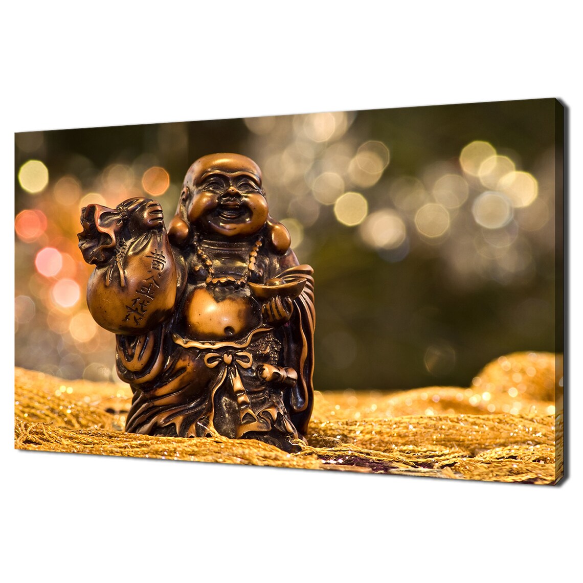 Laughing Buddha Statue With Money Bag Golden Bokeh Lucky Decor Wall Art