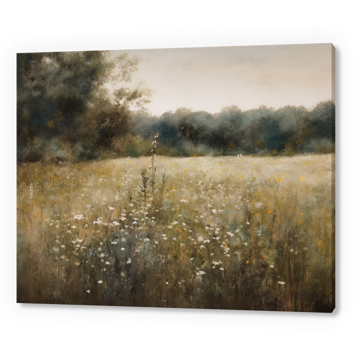 Spring Meadow Wildflowers Field Vintage Country Landscape Muted Moody Painting Style Print Farmhouse Decor Art Nature Picture Print