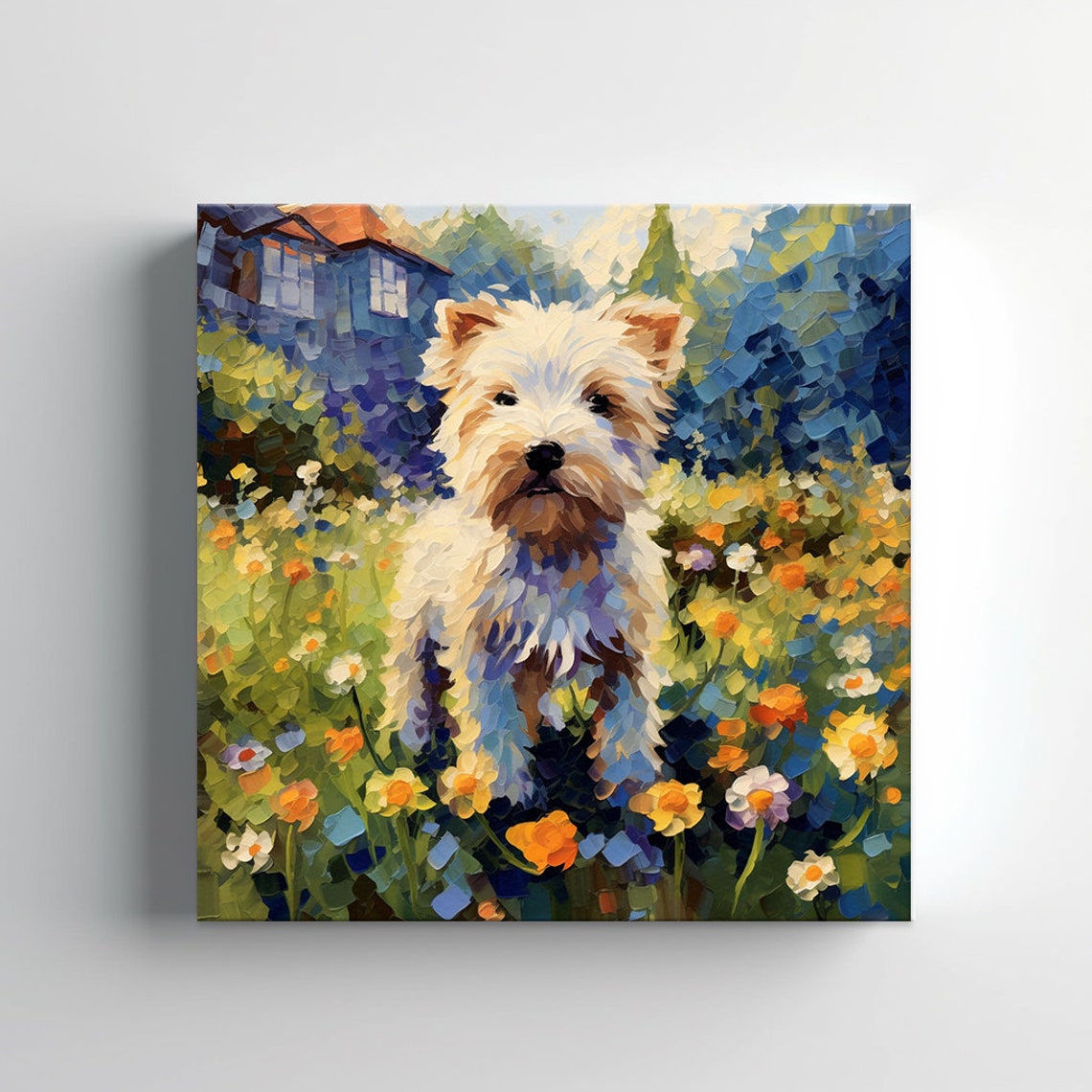 White Terrier Puppy In Blooming Flower Garden Impasto Portrait Poster - Image 3